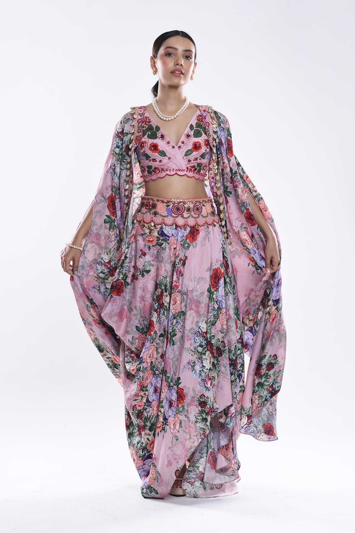 Printed Cape And Draped Skirt Set