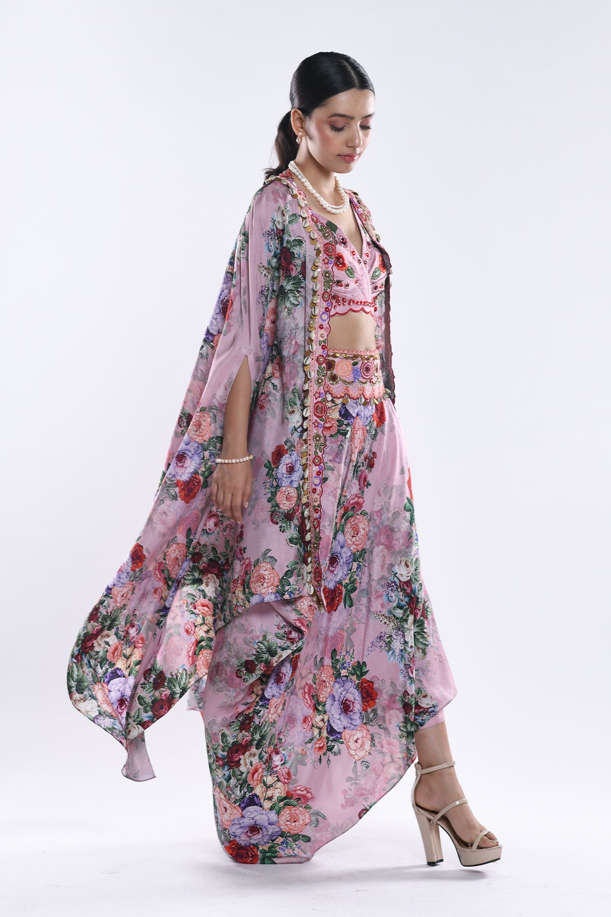 Printed Cape And Draped Skirt Set