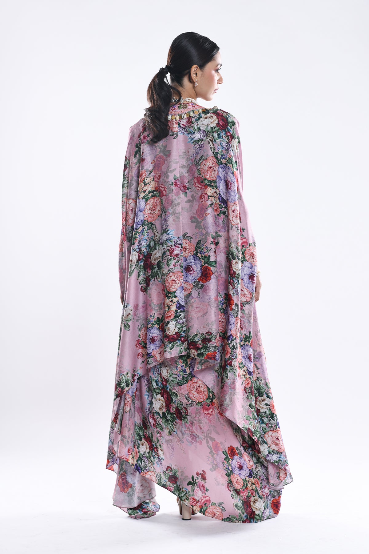 Printed Cape And Draped Skirt Set