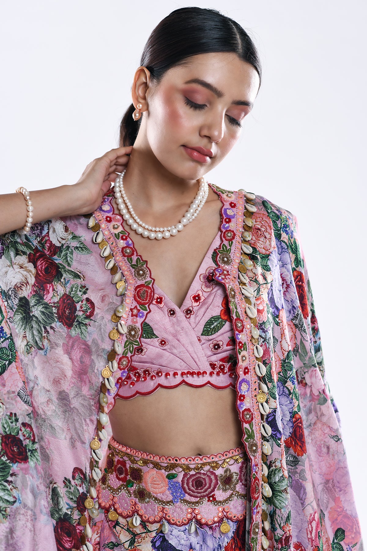 Printed Cape And Draped Skirt Set