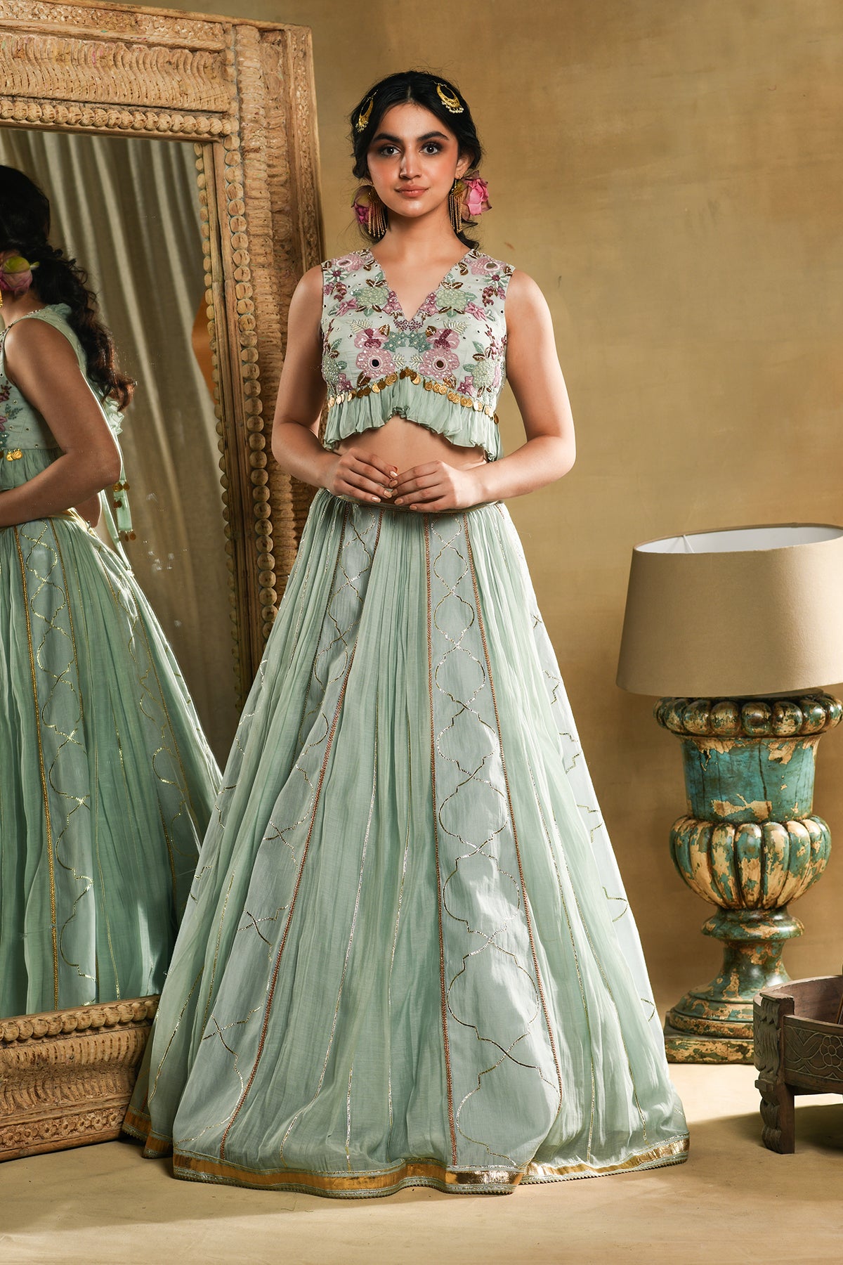 Teal Floral Embroidered Blouse And Skirt