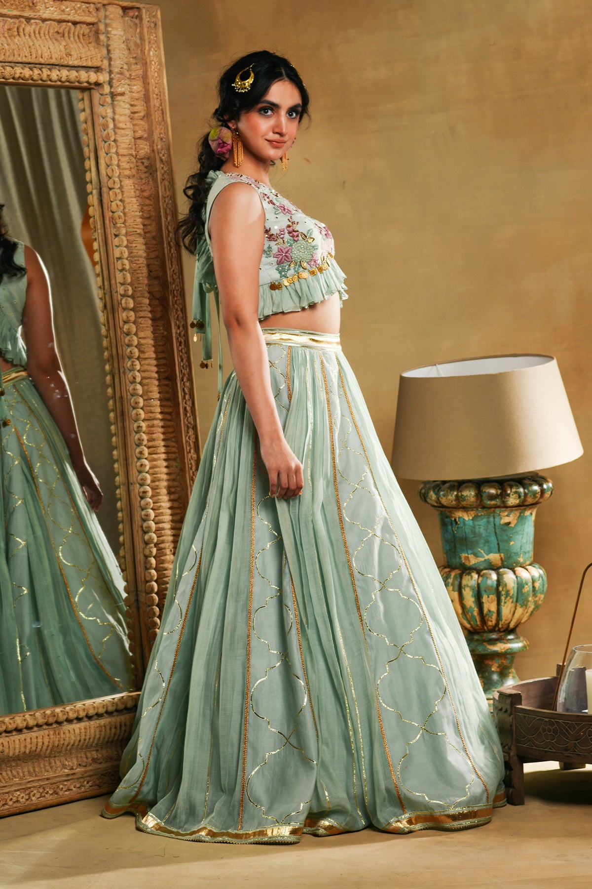 Teal Floral Embroidered Blouse And Skirt