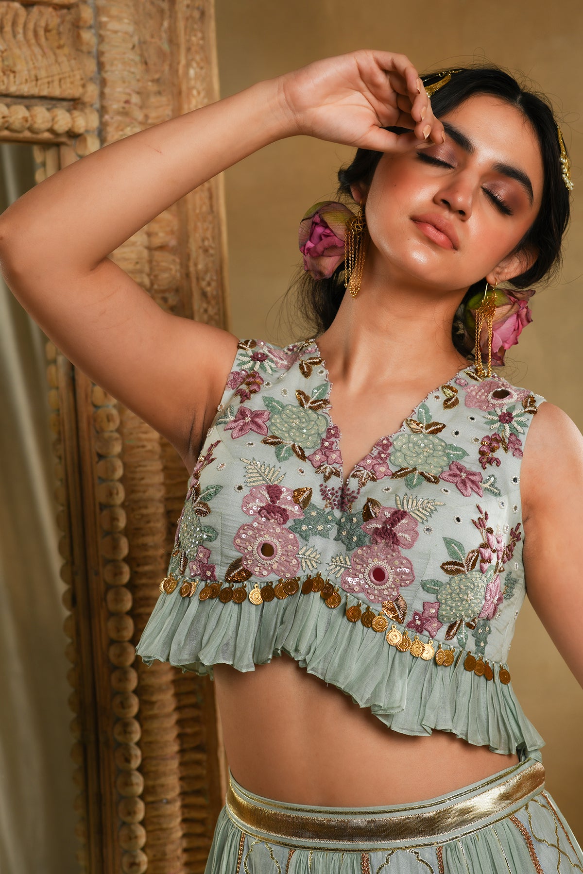 Teal Floral Embroidered Blouse And Skirt