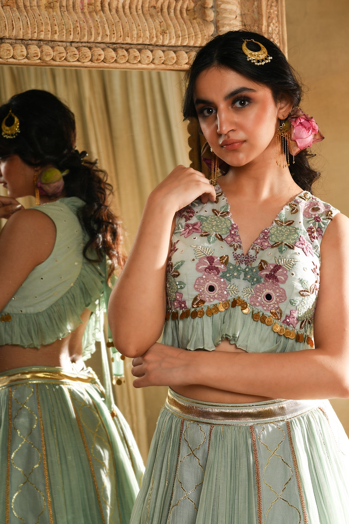 Teal Floral Embroidered Blouse And Skirt