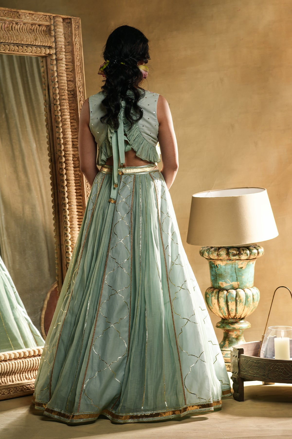 Teal Floral Embroidered Blouse And Skirt