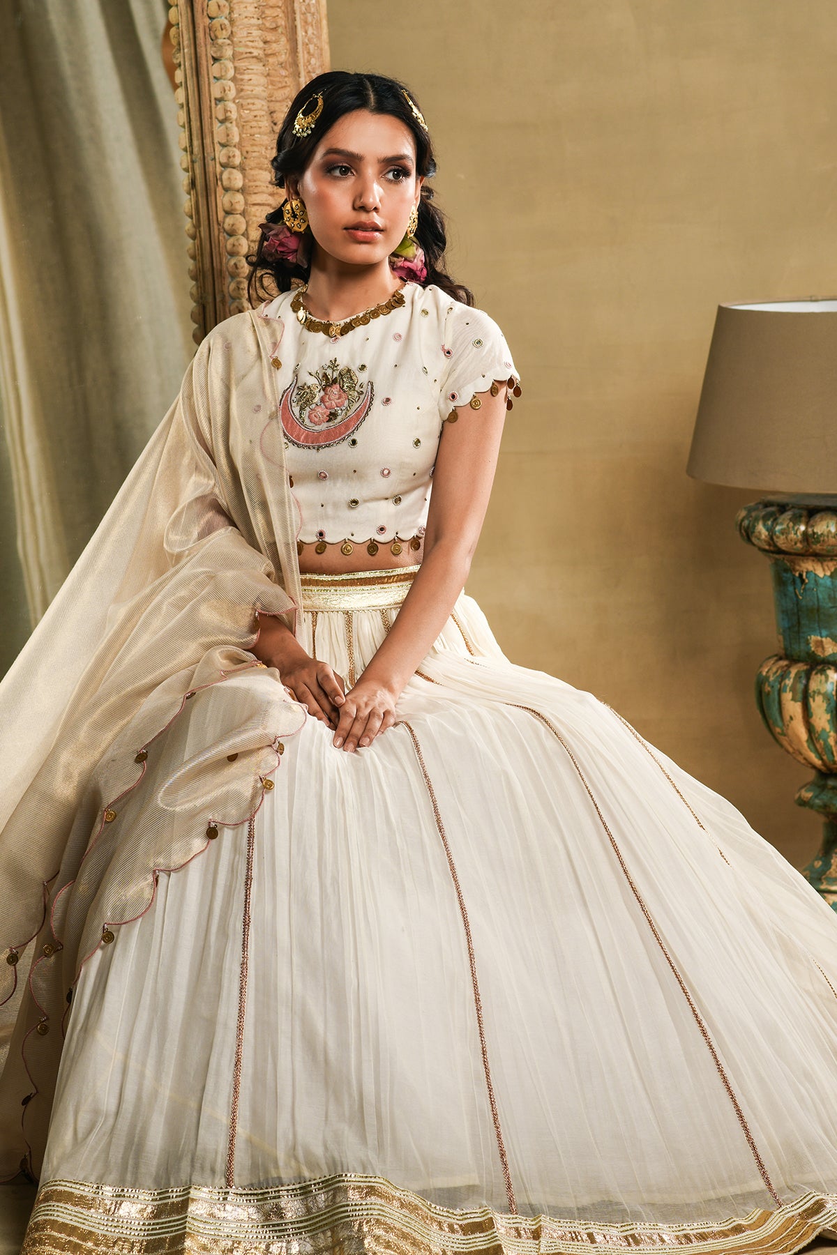 Ivory Parrot Boota Lehenga Set