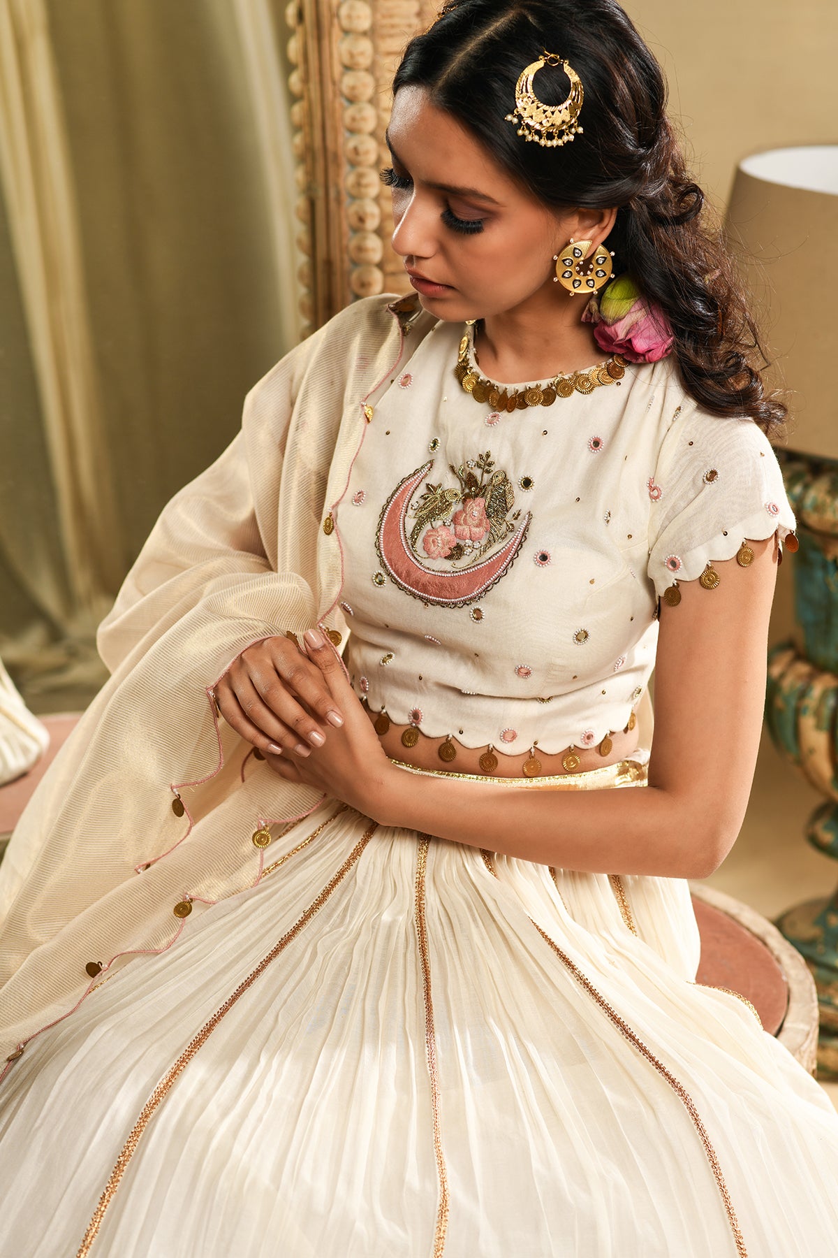 Ivory Parrot Boota Lehenga Set