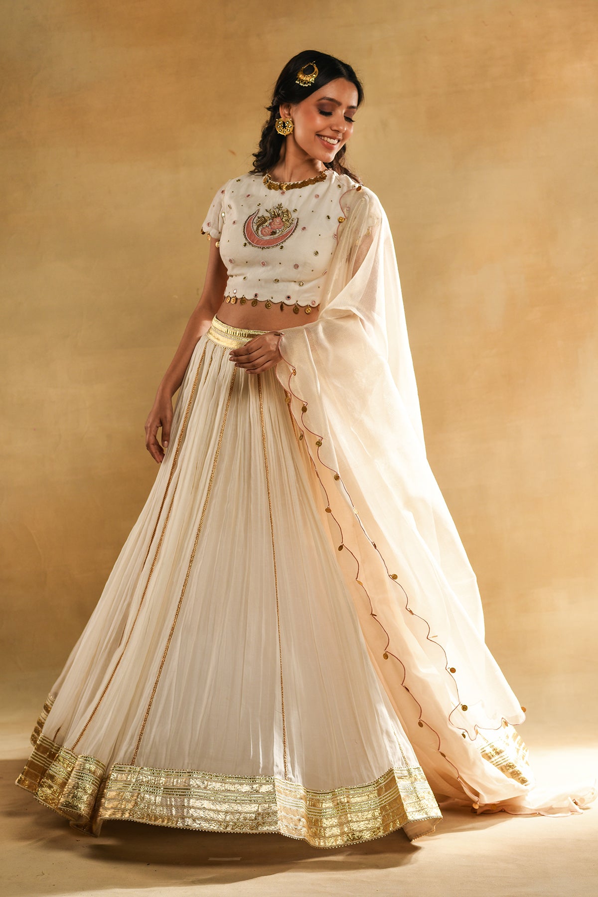 Ivory Parrot Boota Lehenga Set