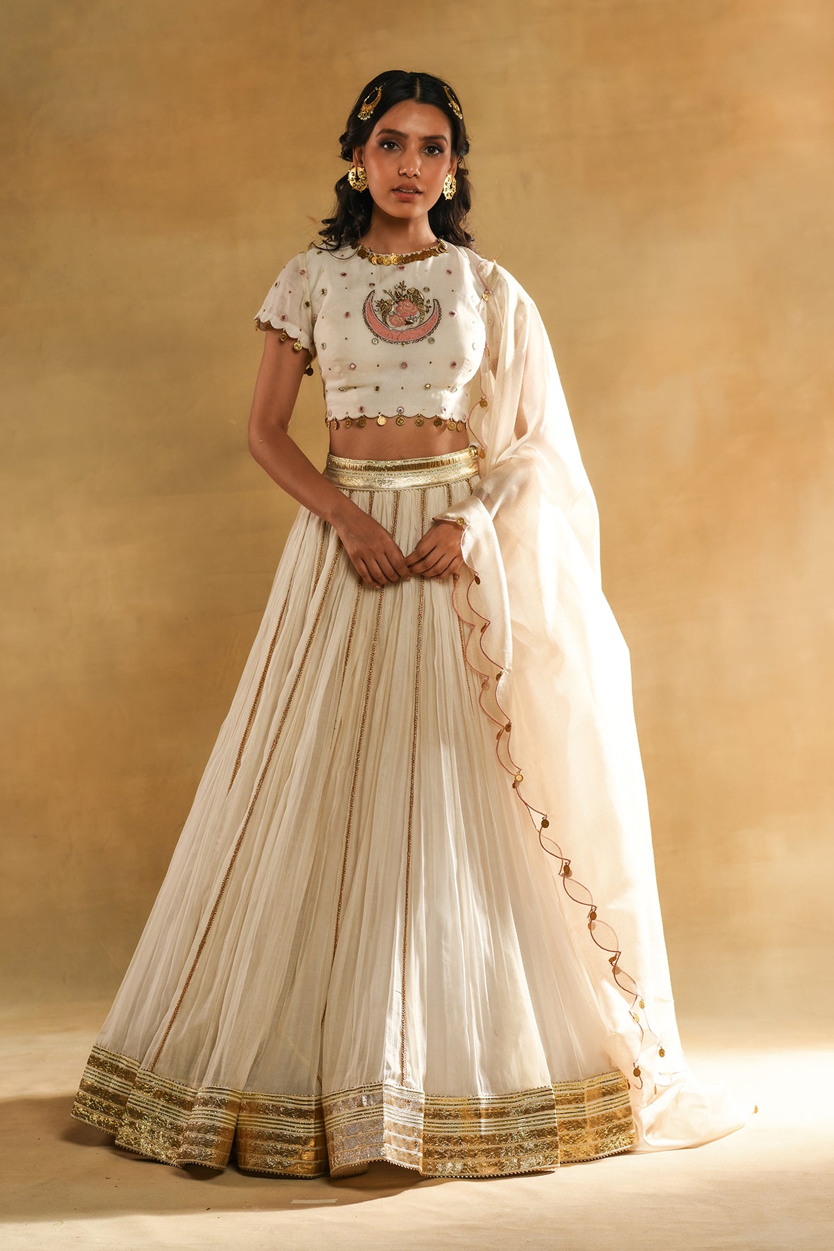 Ivory Parrot Boota Lehenga Set