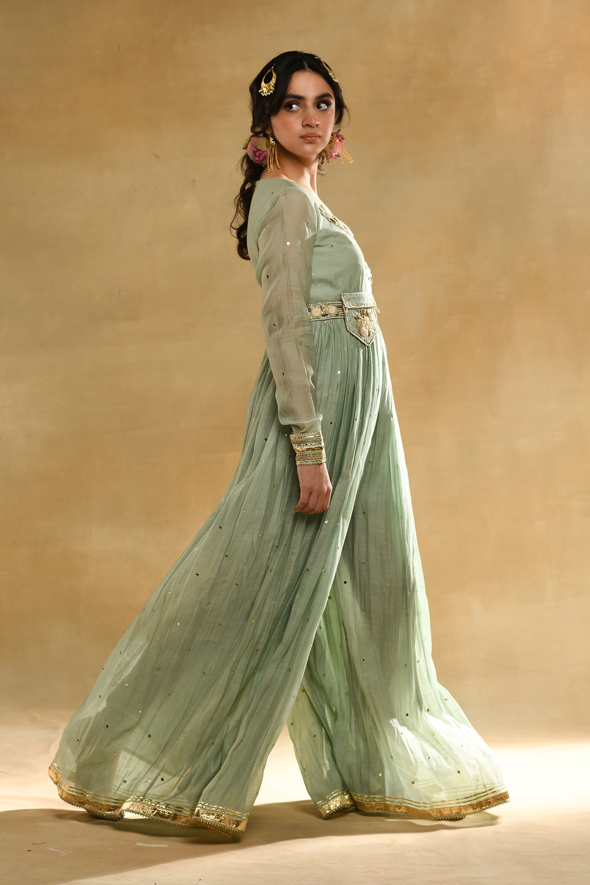 Teal Floral Angrakha Jumpsuit