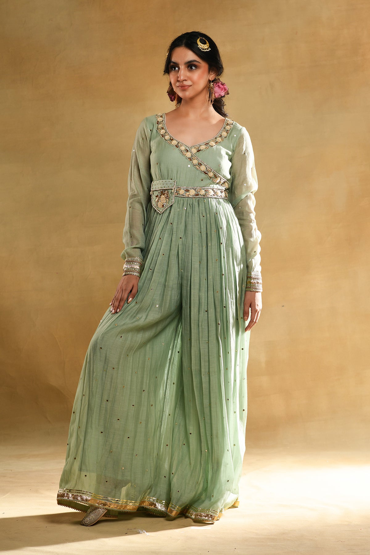 Teal Floral Angrakha Jumpsuit