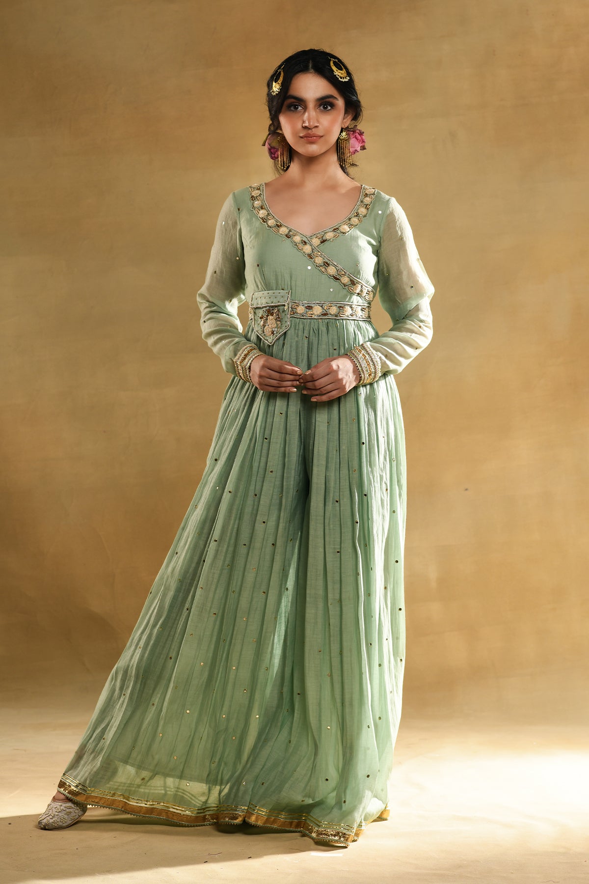 Teal Floral Angrakha Jumpsuit