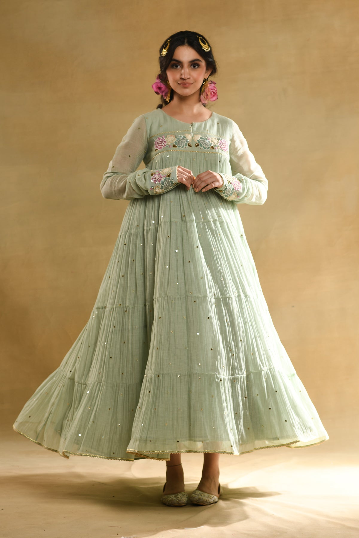 Teal Rose Gathered Dress