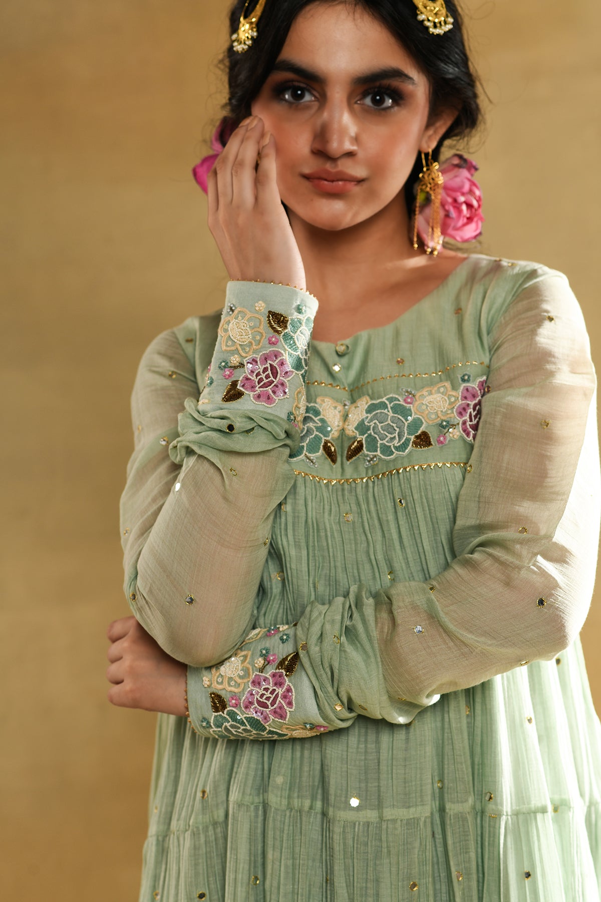 Teal Rose Gathered Dress