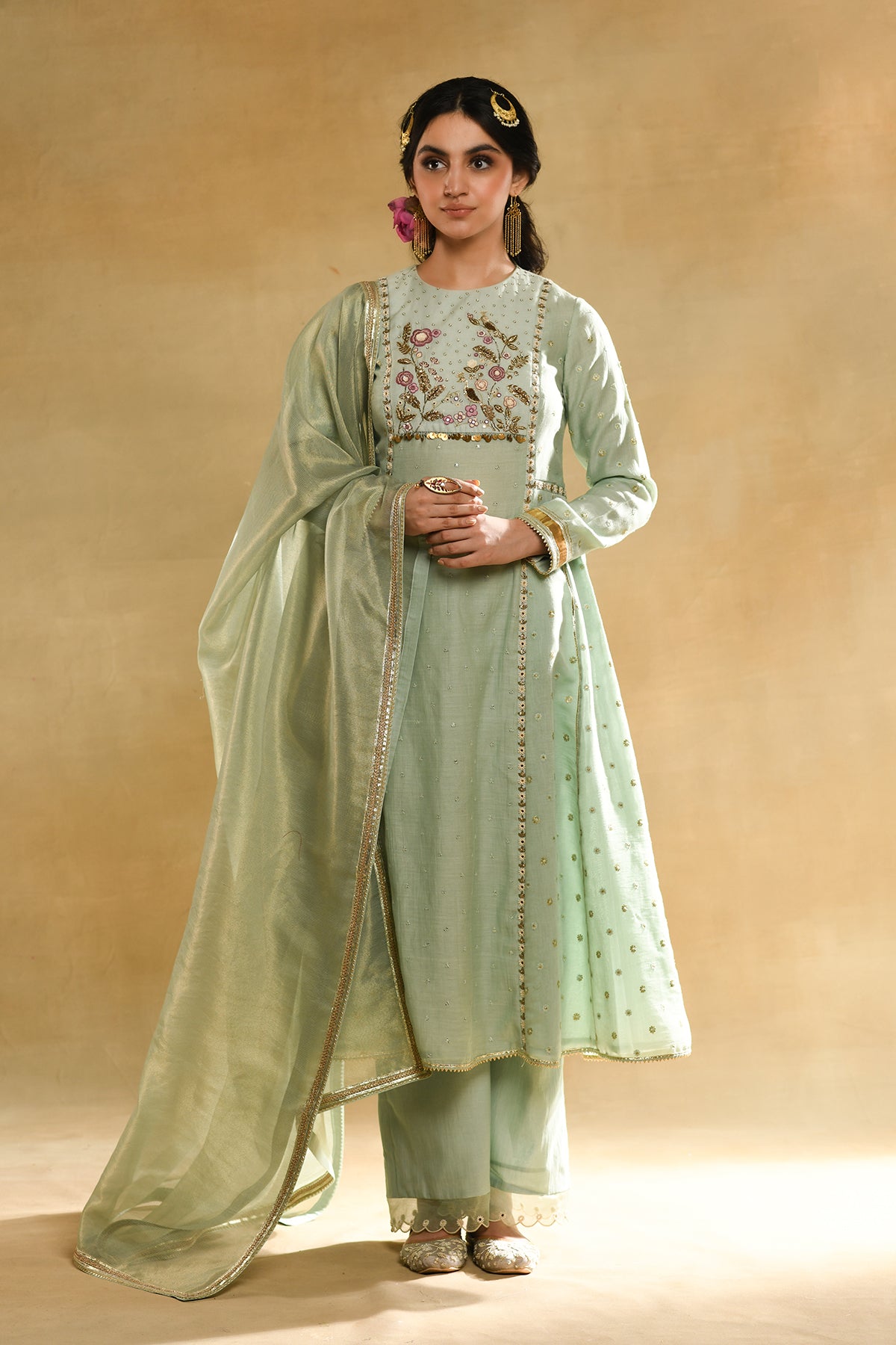 Teal Floral 'A' Line Kurta Set