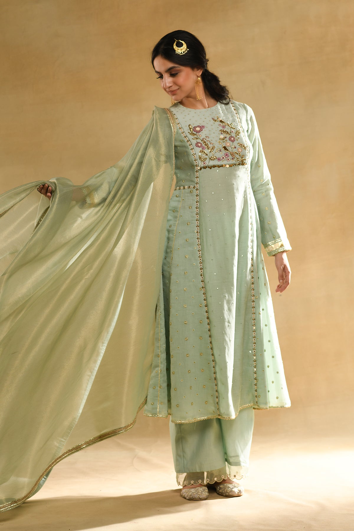Teal Floral 'A' Line Kurta Set