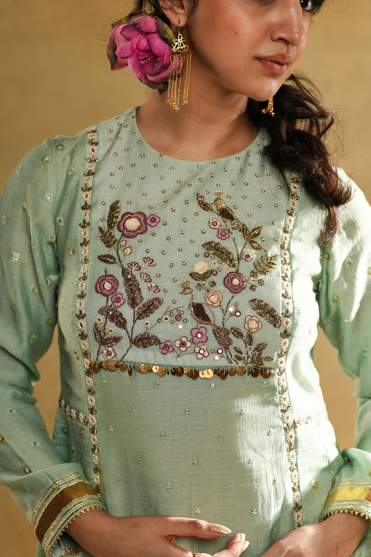 Teal Floral 'A' Line Kurta Set