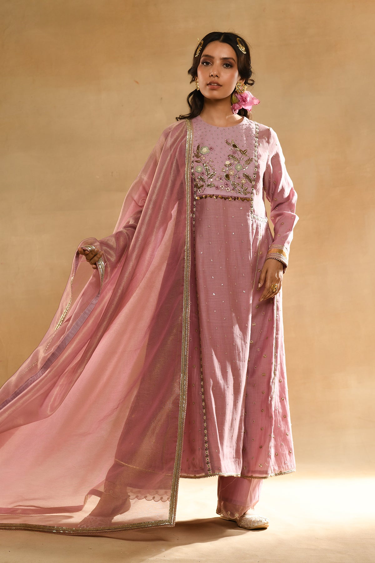 Pink Floral 'A' Line Kurta Set