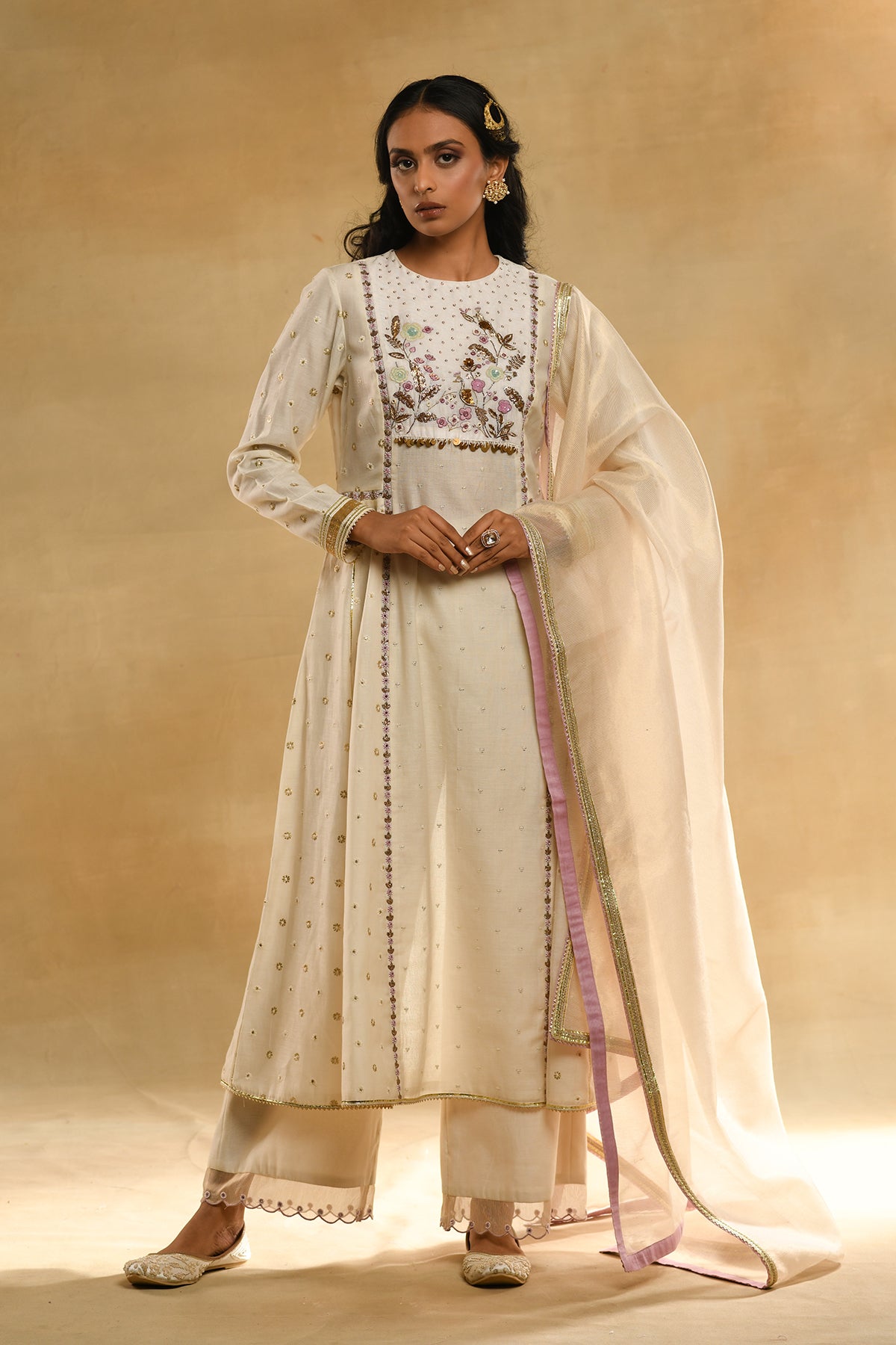 Ivory Floral 'A' Line Kurta Set