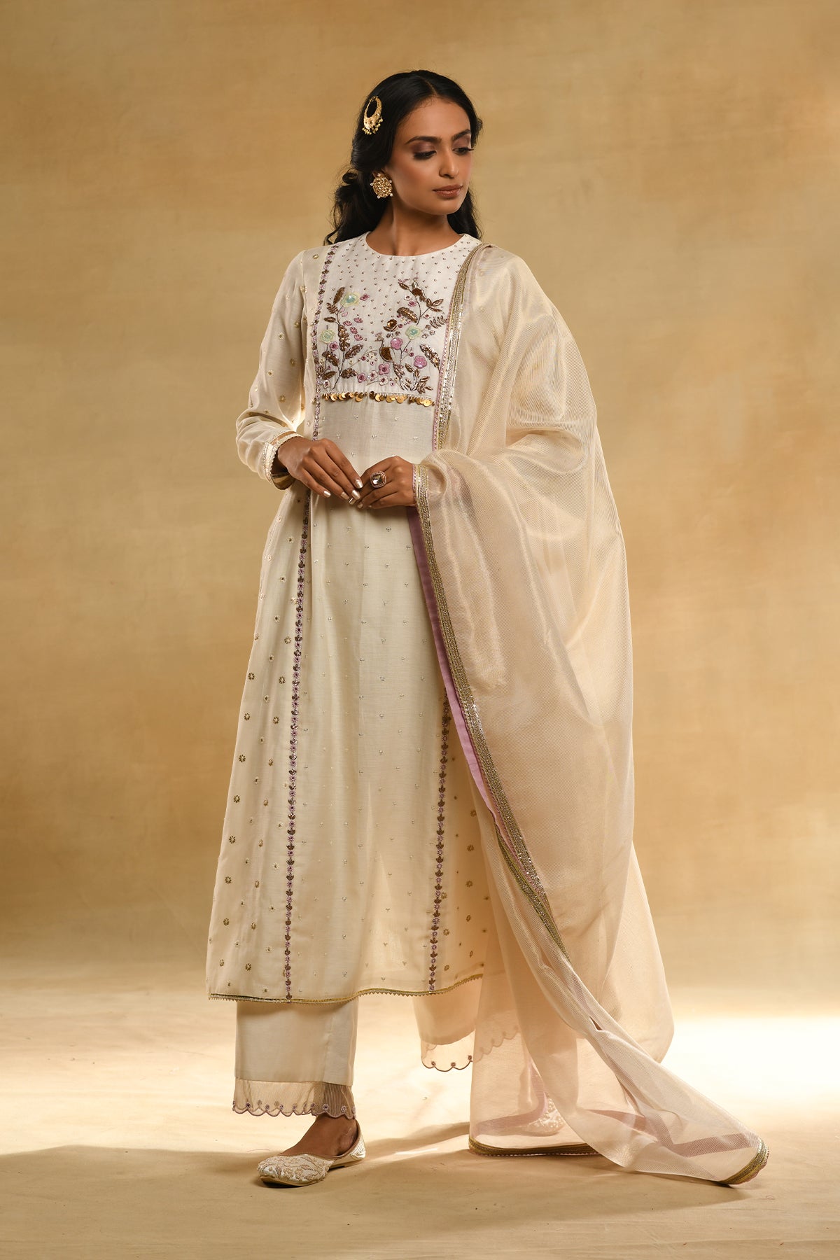 Ivory Floral 'A' Line Kurta Set