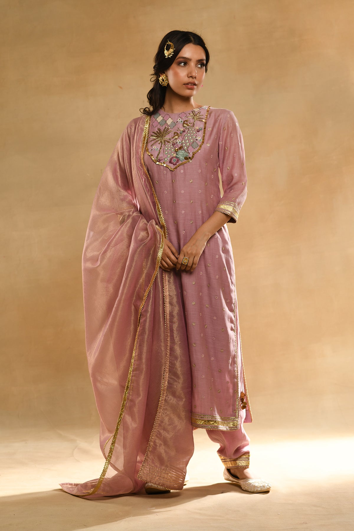 Pink Palm Tree Peacock Embroidered Kurta Set