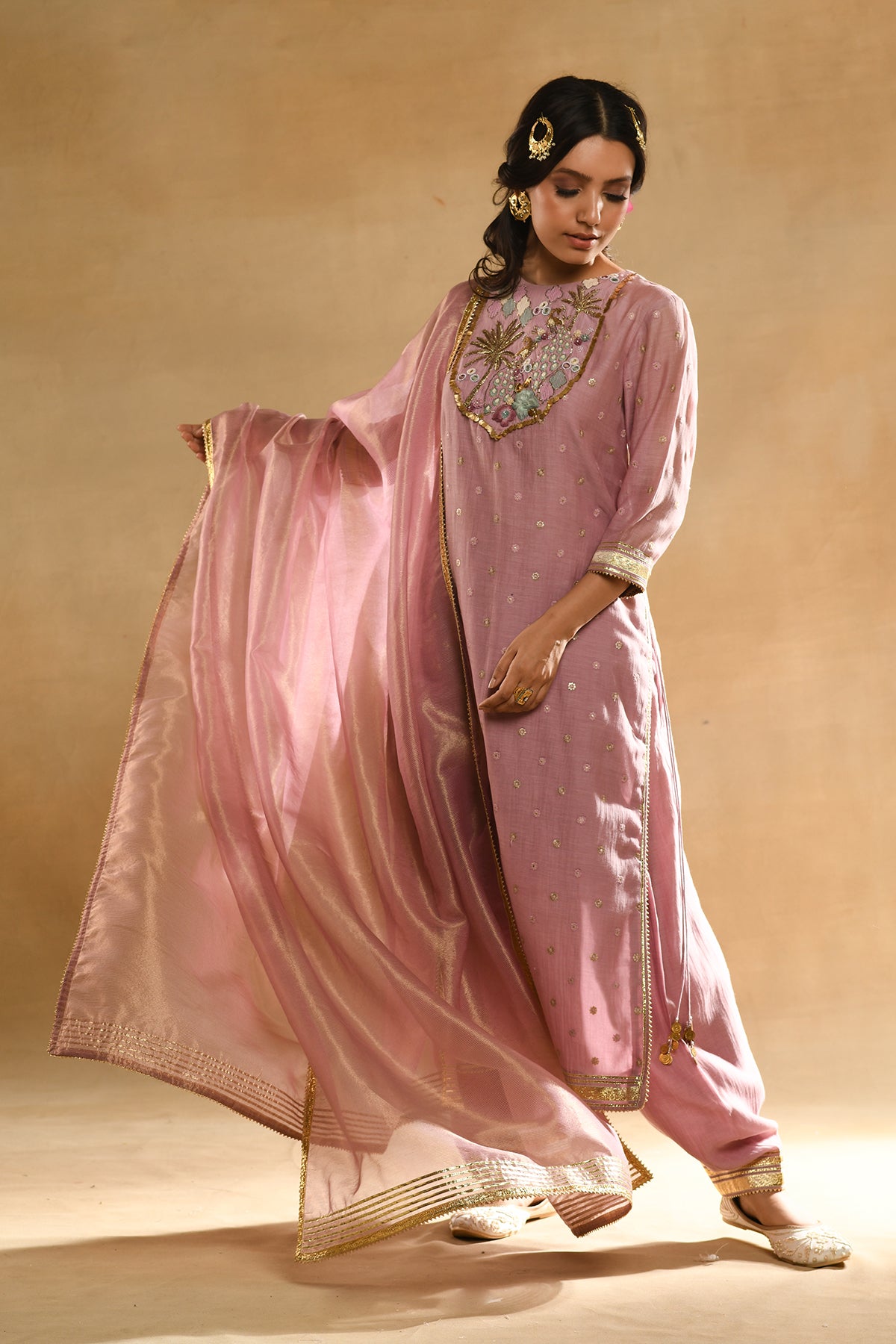 Pink Palm Tree Peacock Embroidered Kurta Set
