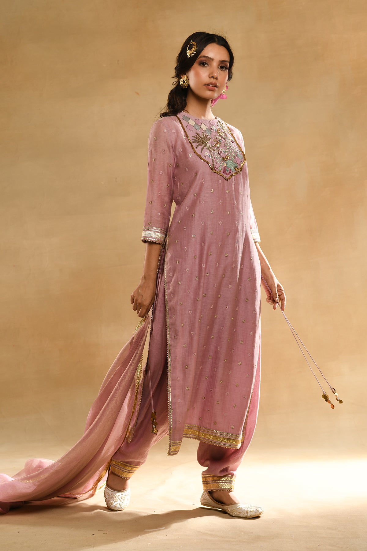 Pink Palm Tree Peacock Embroidered Kurta Set
