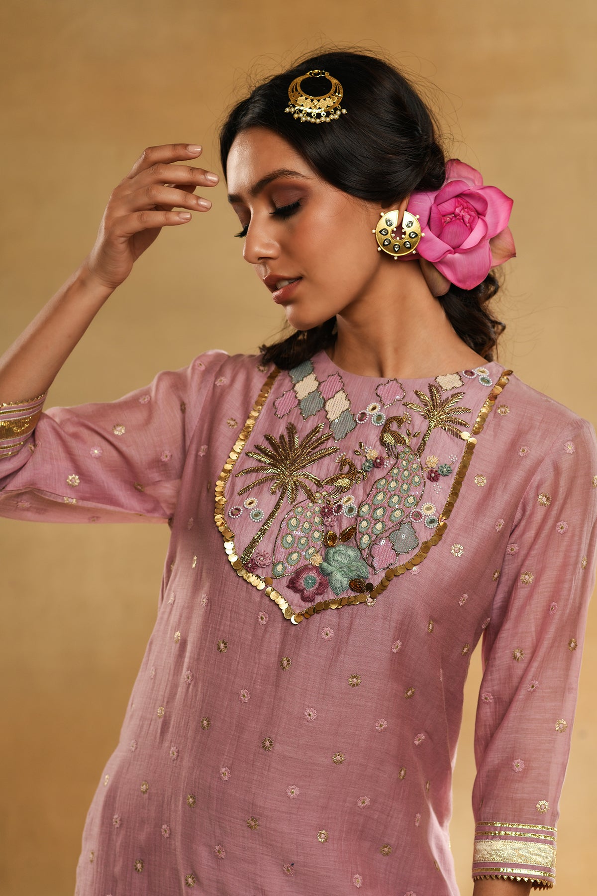 Pink Palm Tree Peacock Embroidered Kurta Set