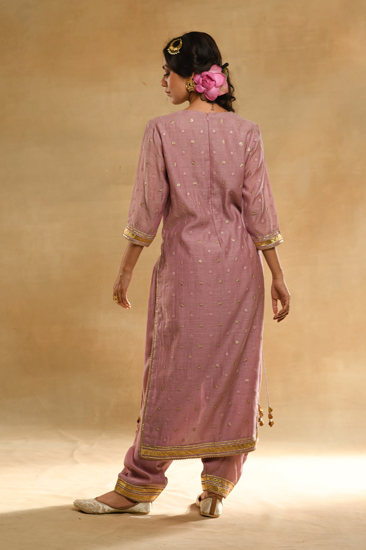 Pink Palm Tree Peacock Embroidered Kurta Set