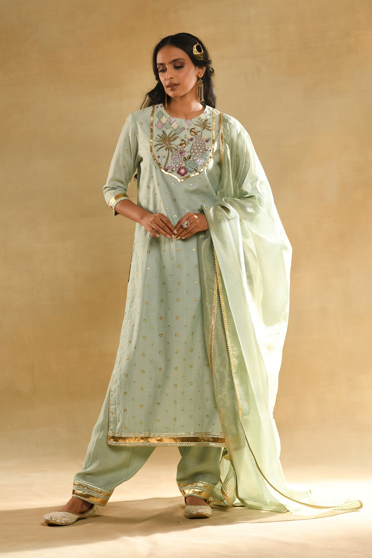 Teal Palm Tree Peacock Embroidered Kurta Set