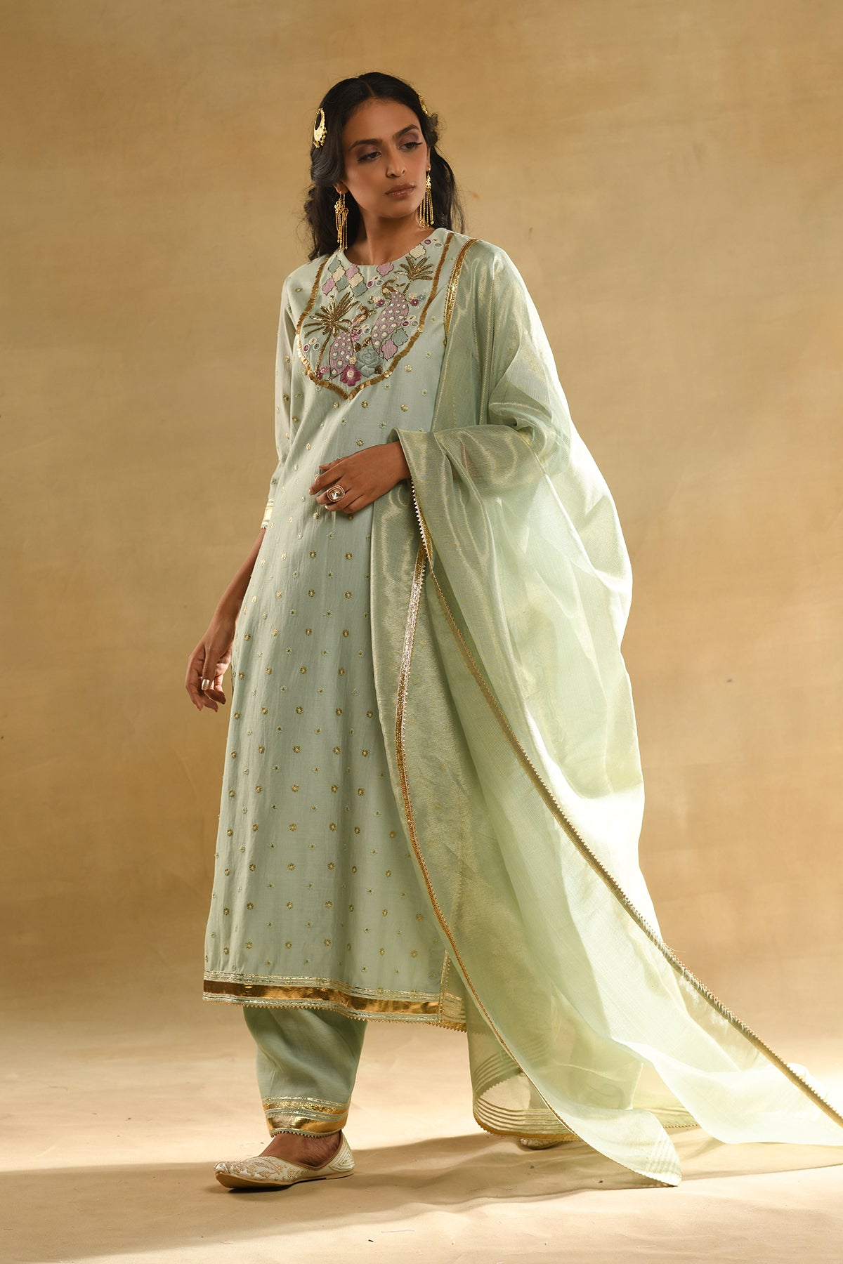 Teal Palm Tree Peacock Embroidered Kurta Set