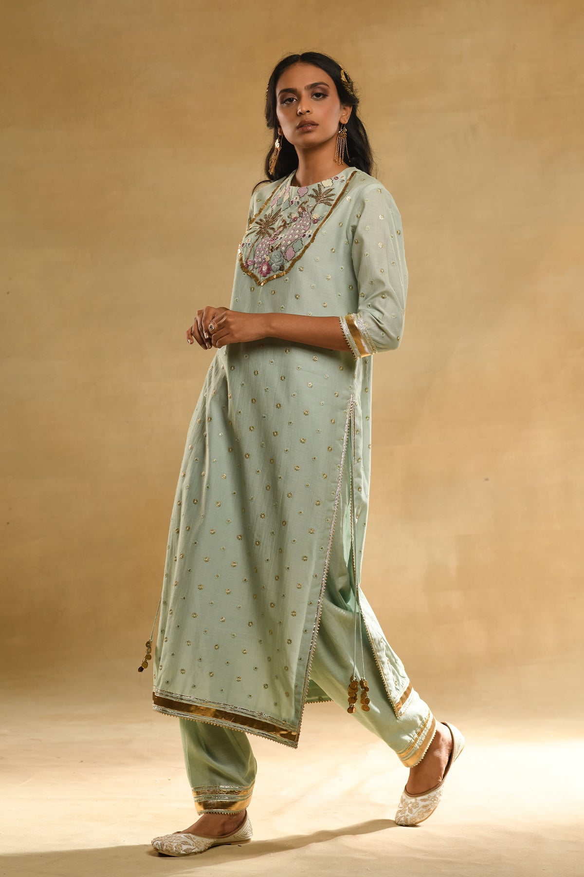 Teal Palm Tree Peacock Embroidered Kurta Set