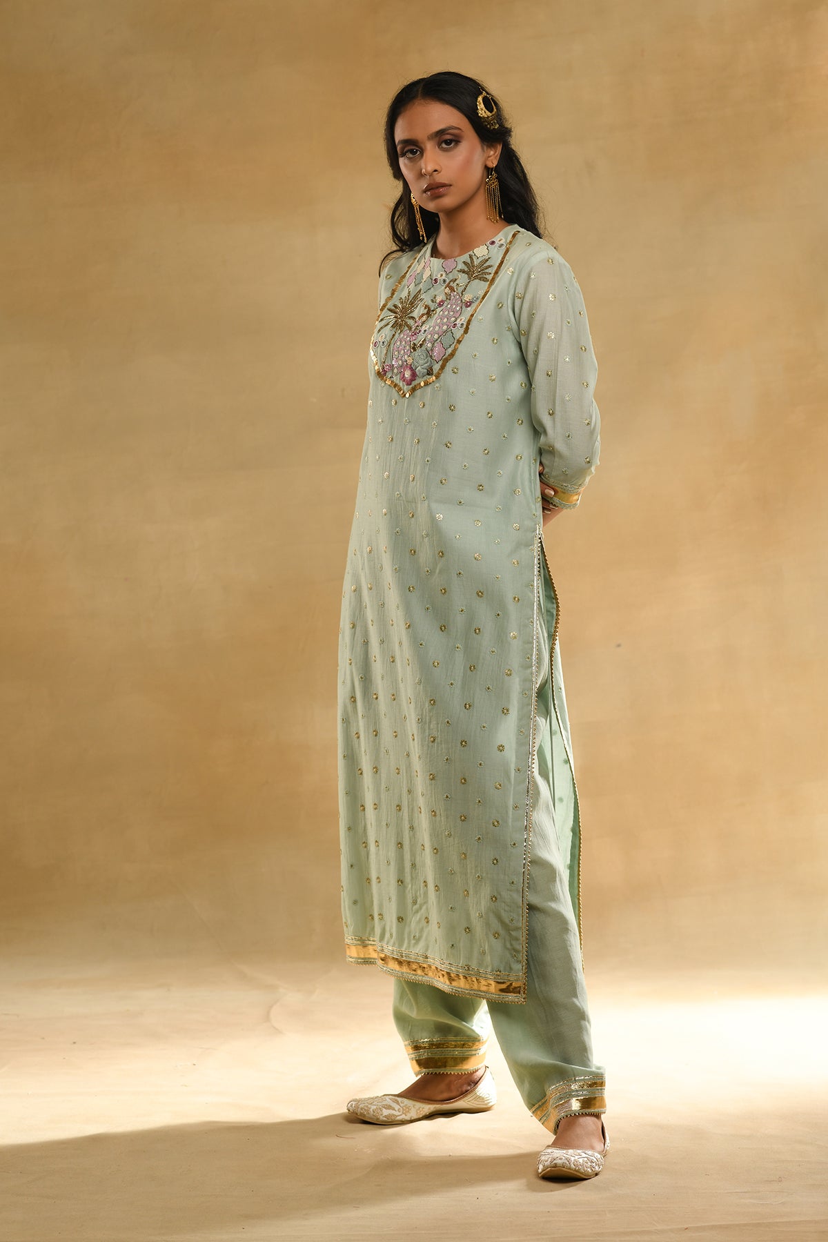 Teal Palm Tree Peacock Embroidered Kurta Set