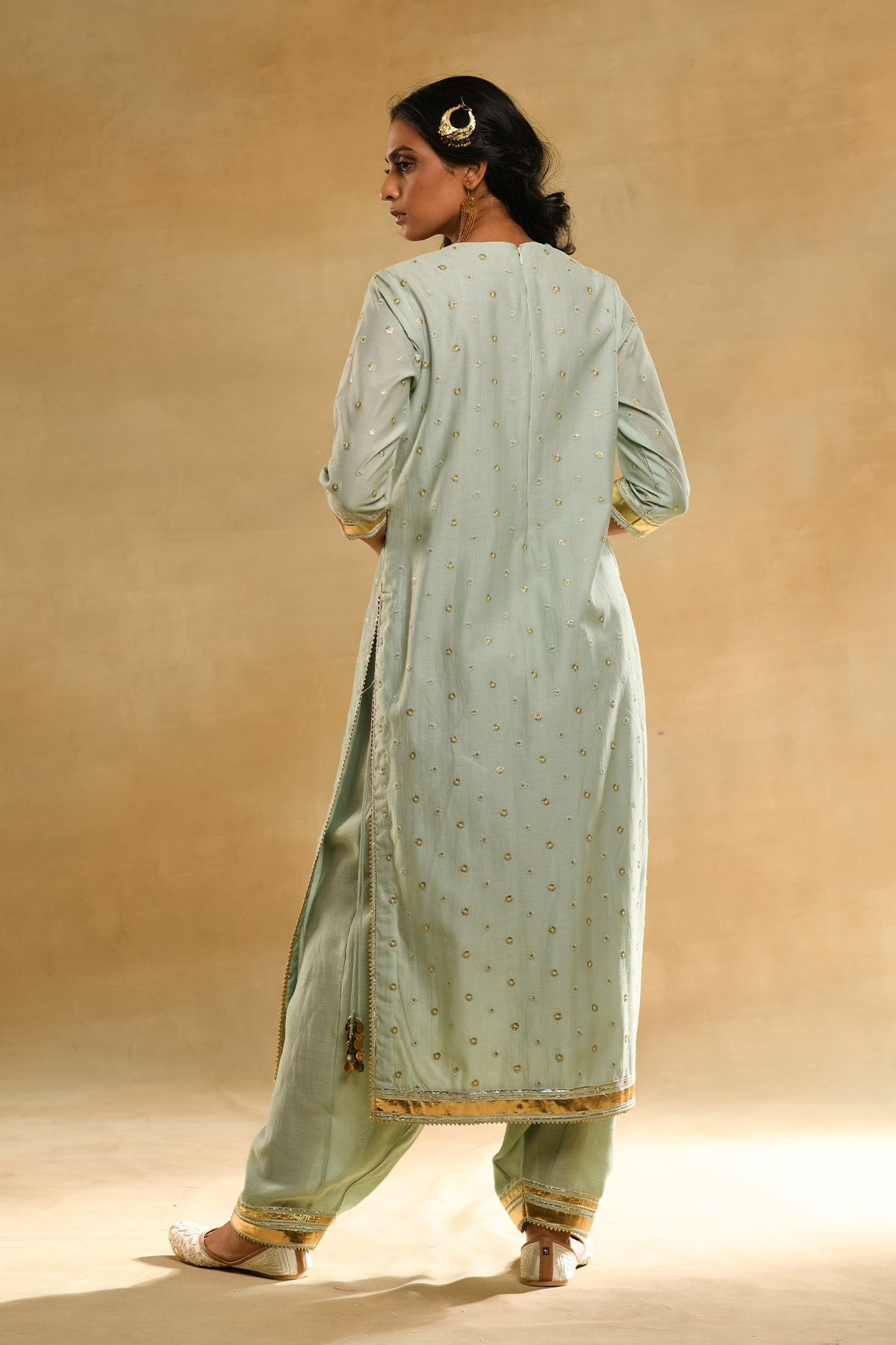 Teal Palm Tree Peacock Embroidered Kurta Set