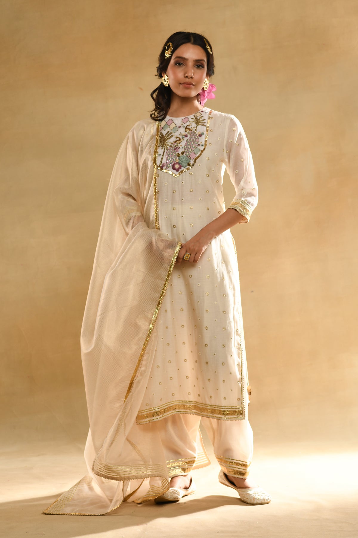 Ivory Palm Tree Peacock Embroidered Kurta Set