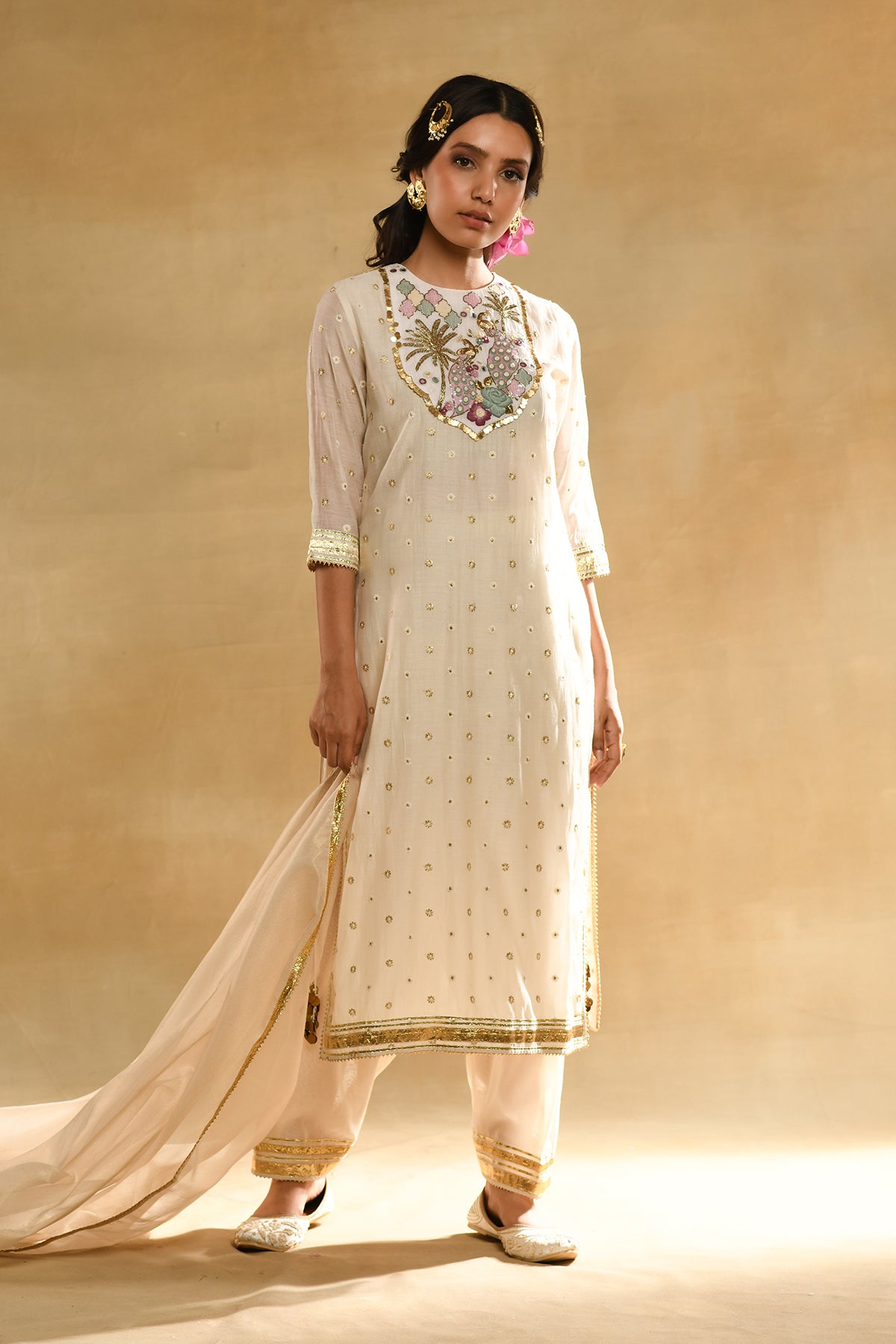 Ivory Palm Tree Peacock Embroidered Kurta Set