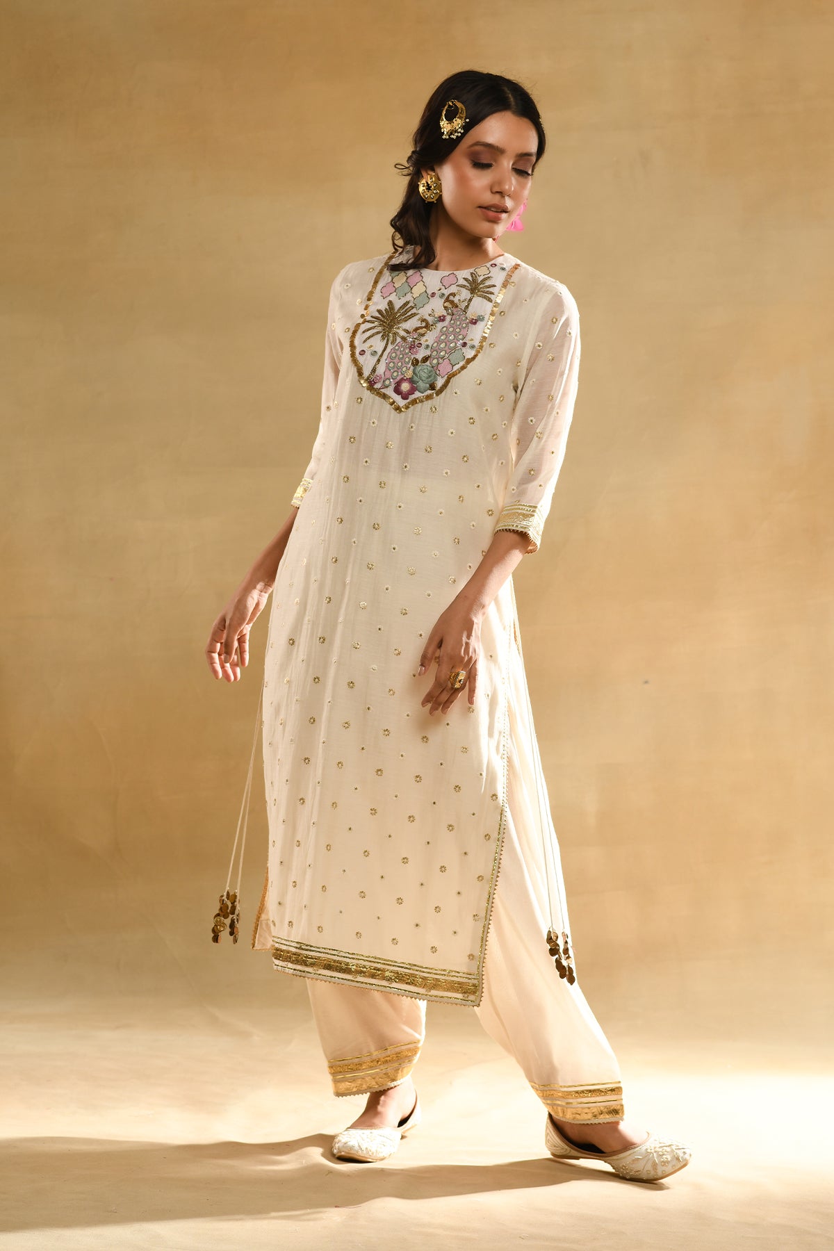 Ivory Palm Tree Peacock Embroidered Kurta Set