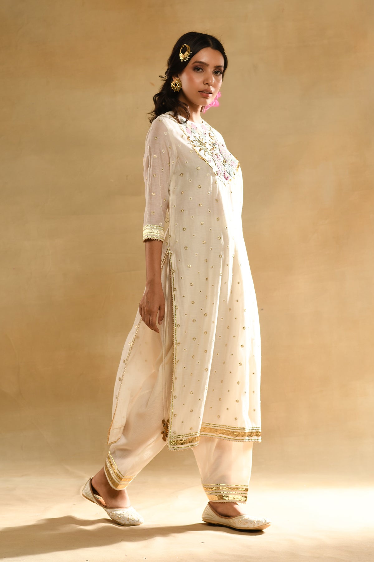 Ivory Palm Tree Peacock Embroidered Kurta Set