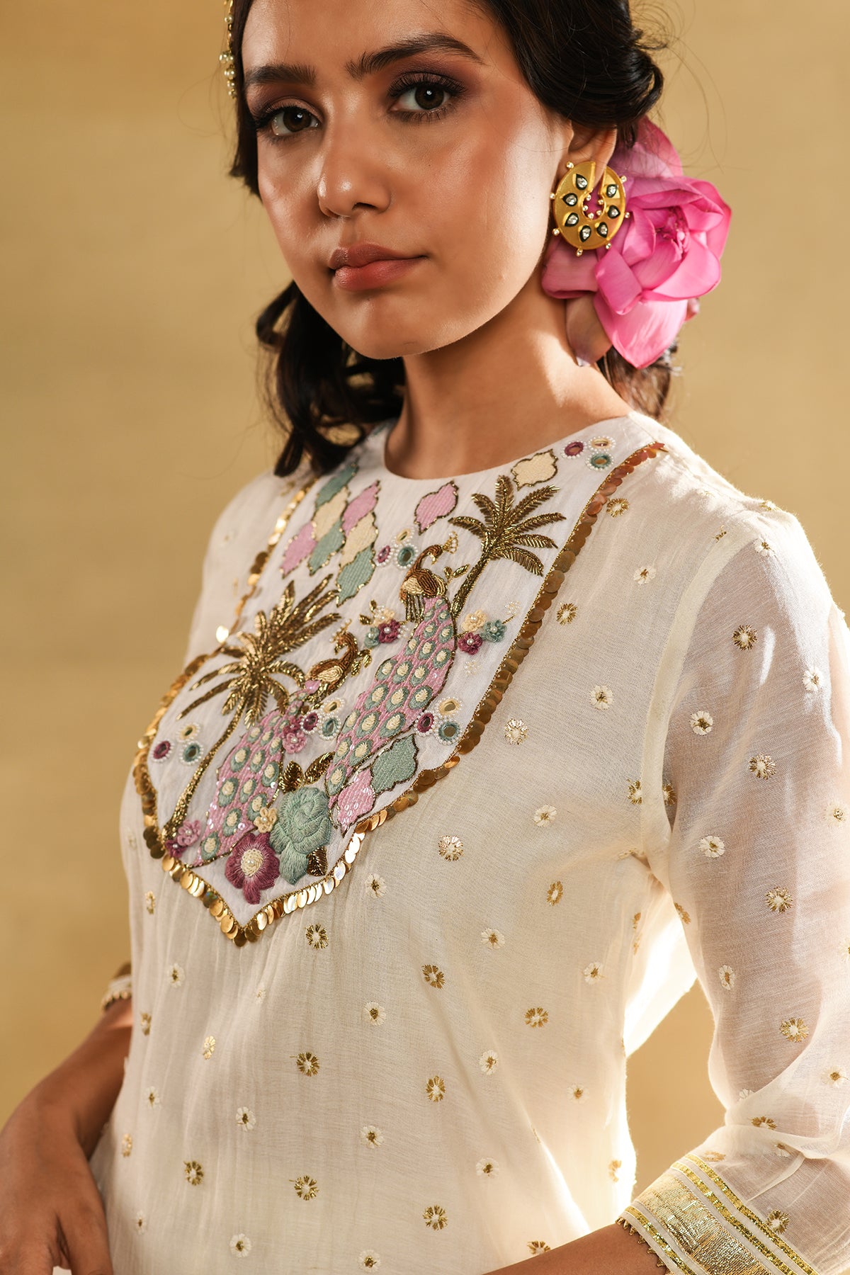 Ivory Palm Tree Peacock Embroidered Kurta Set