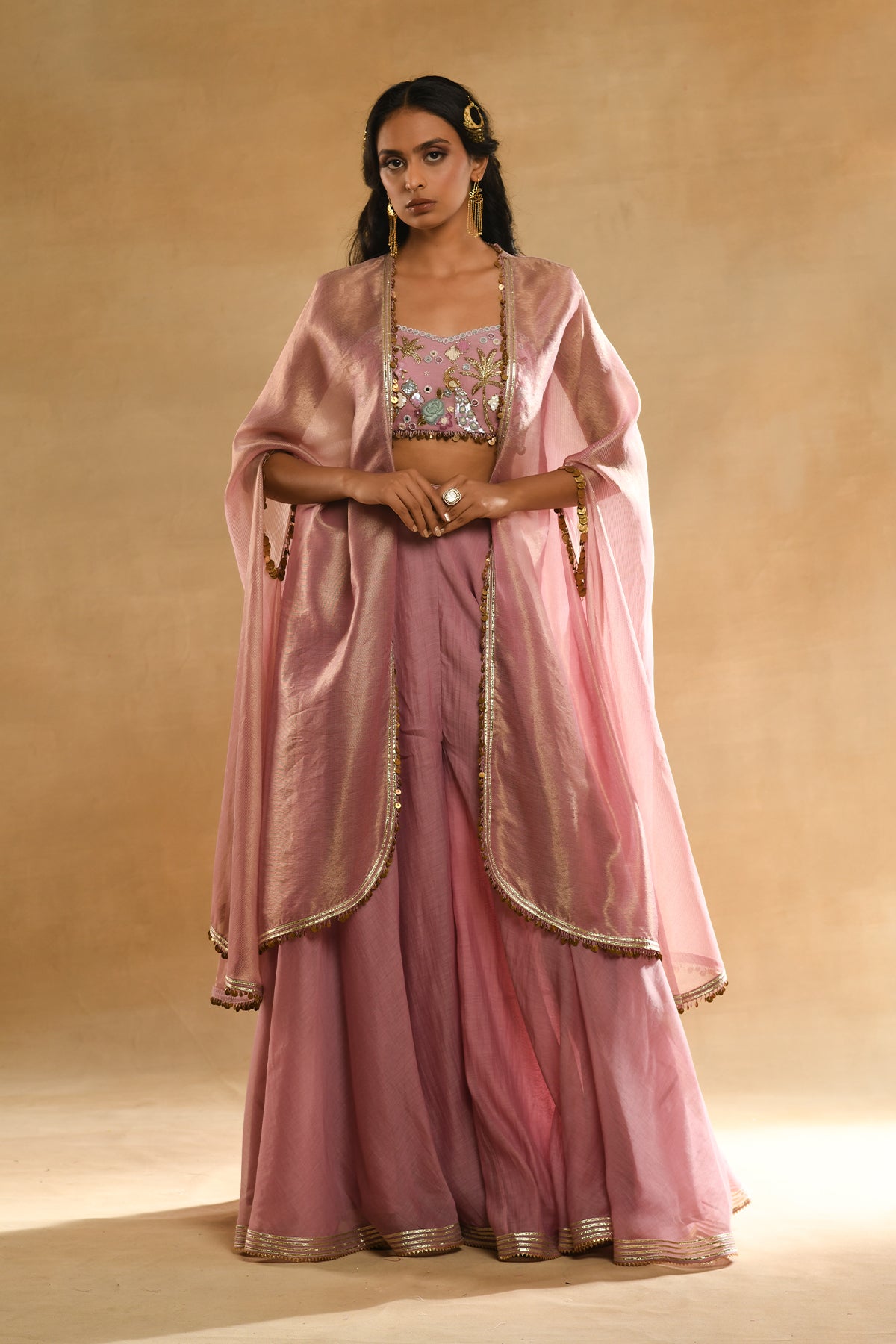 Palm Tree Peacock Embroidered Bustier Pink Cape Set