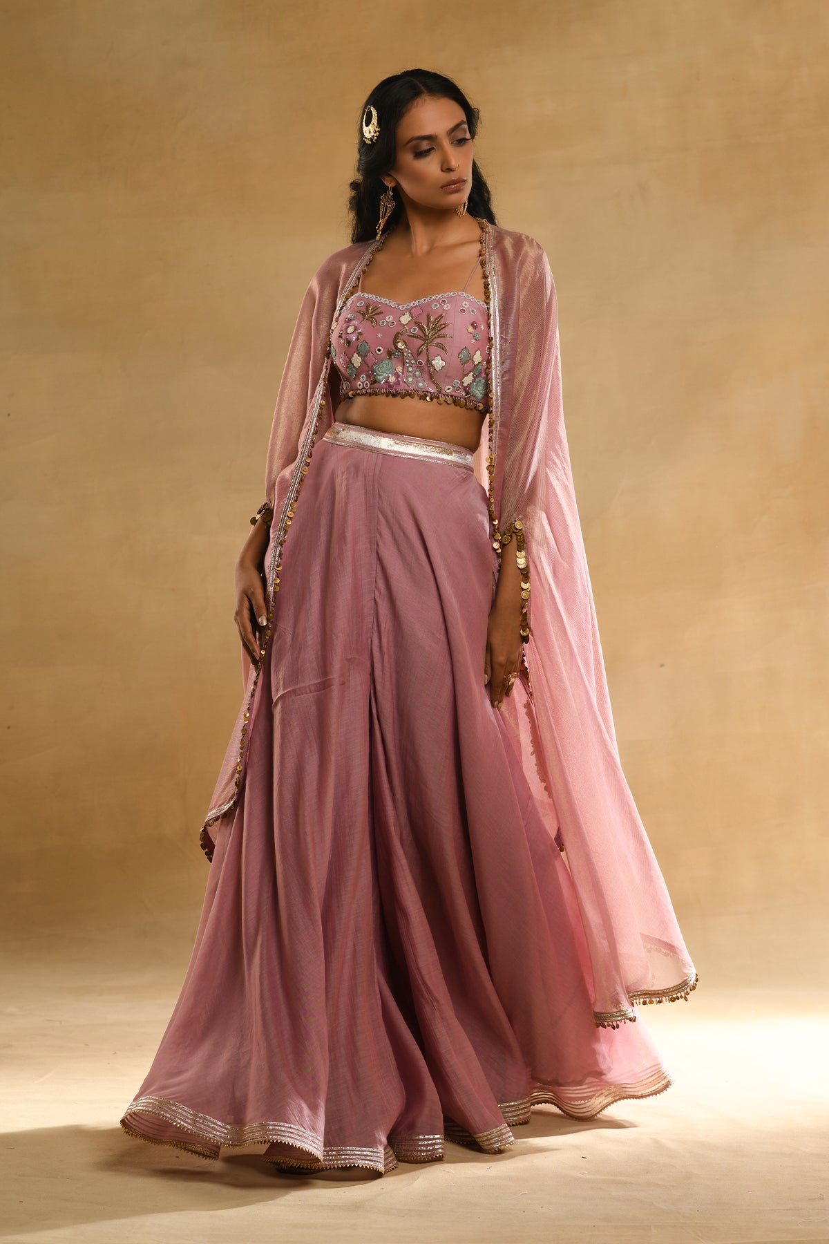 Palm Tree Peacock Embroidered Bustier Pink Cape Set