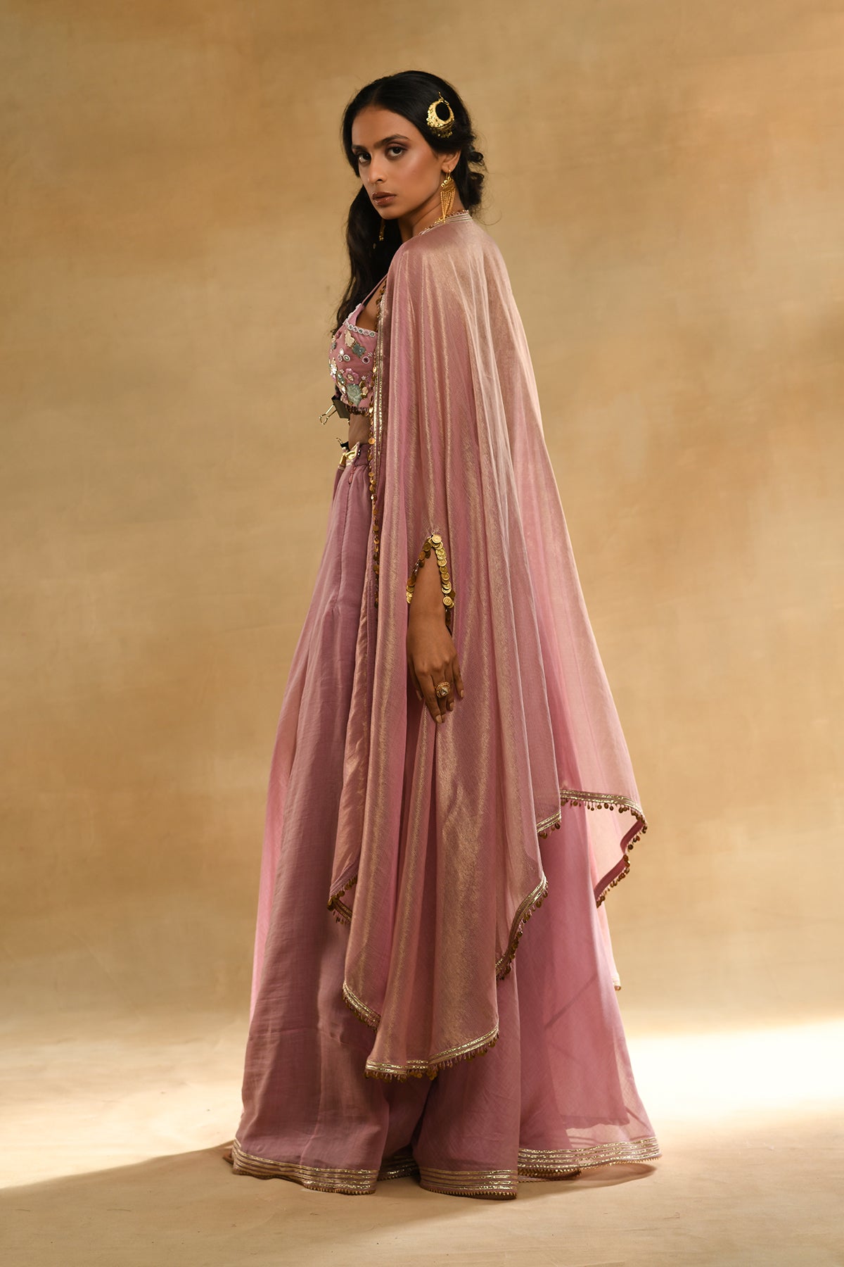 Palm Tree Peacock Embroidered Bustier Pink Cape Set
