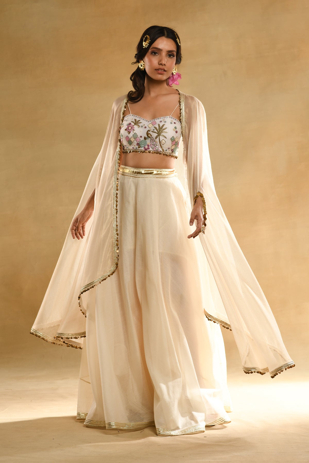 Palm Tree Peacock Embroidered Bustier Ivory Cape Set