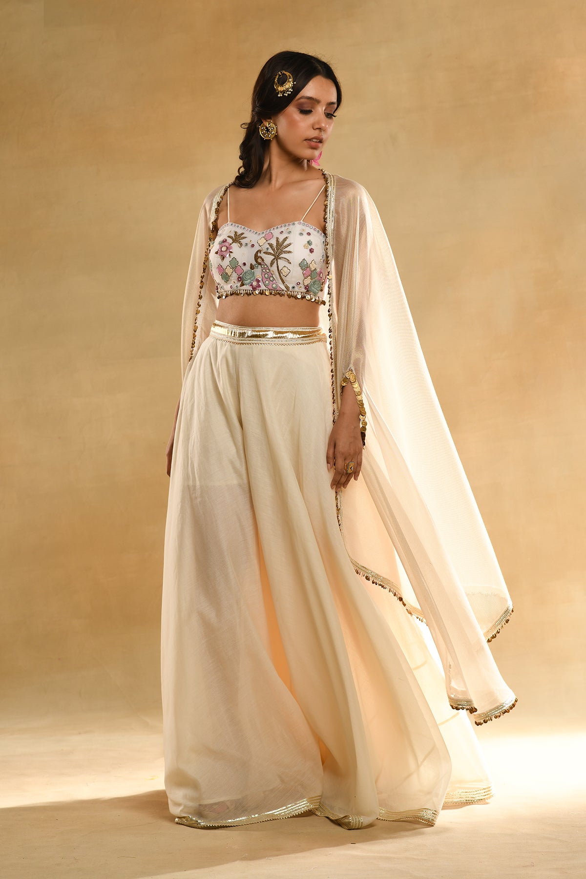 Palm Tree Peacock Embroidered Bustier Ivory Cape Set