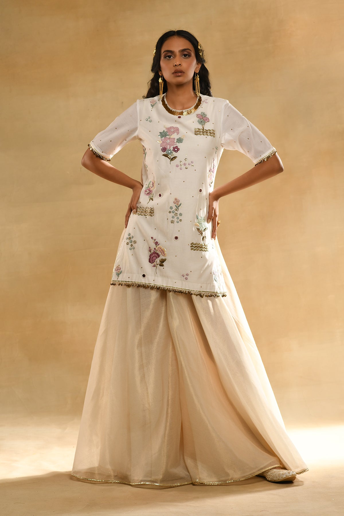 Ivory Floral Kurta Sharara Set