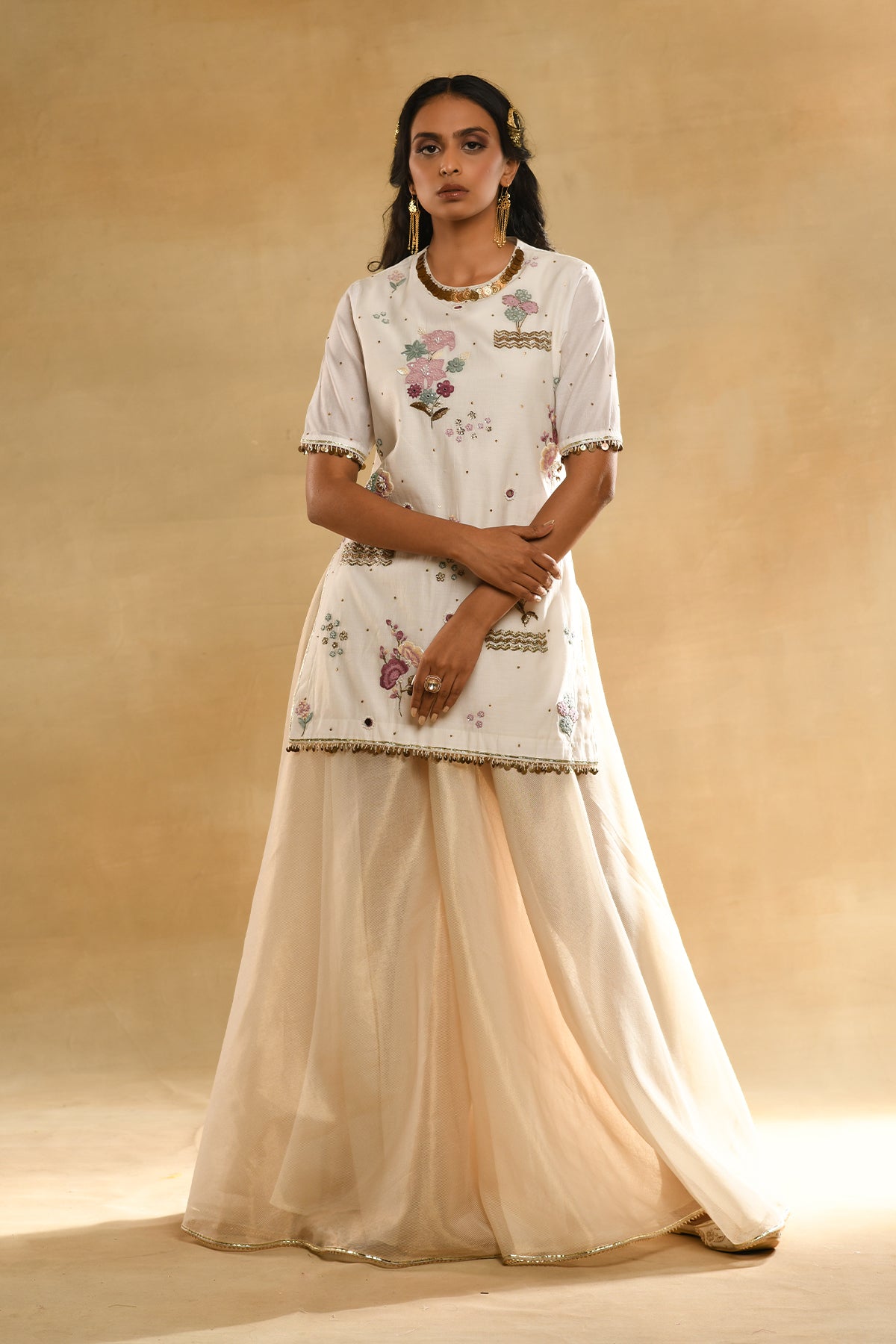 Ivory Floral Kurta Sharara Set