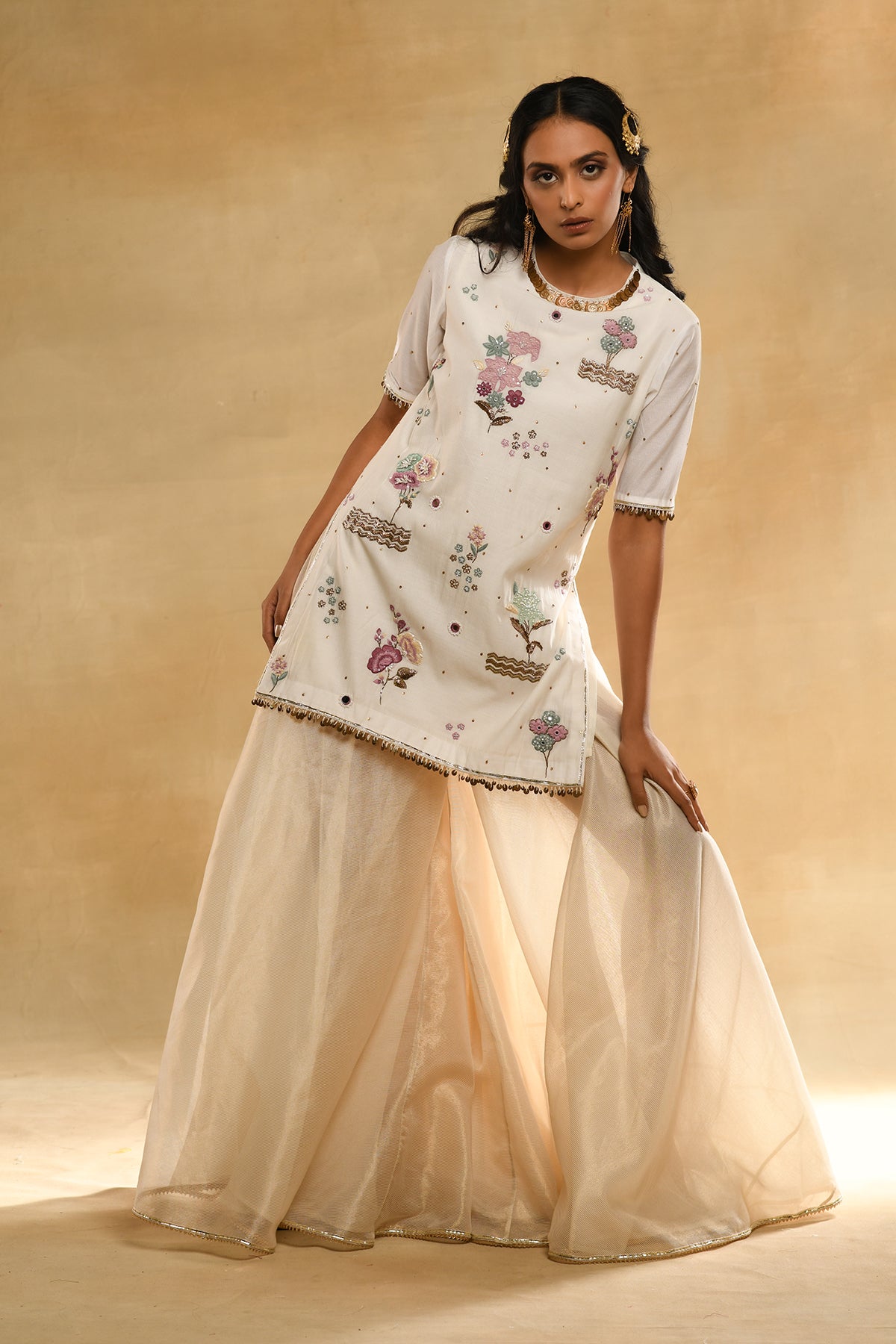 Ivory Floral Kurta Sharara Set