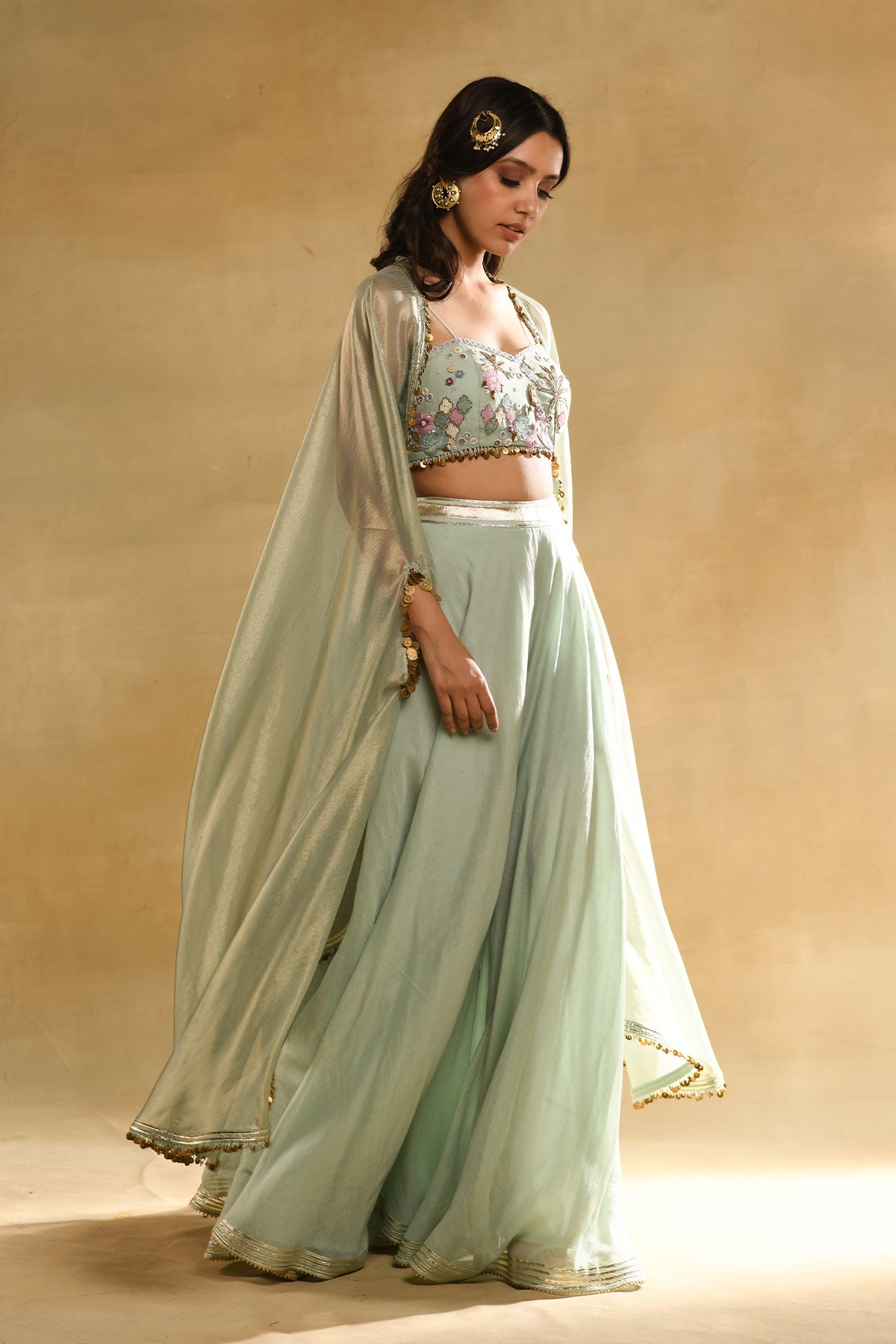 PALM TREE PEACOCK EMBROIDERED BUSTIER TEAL CAPE SET