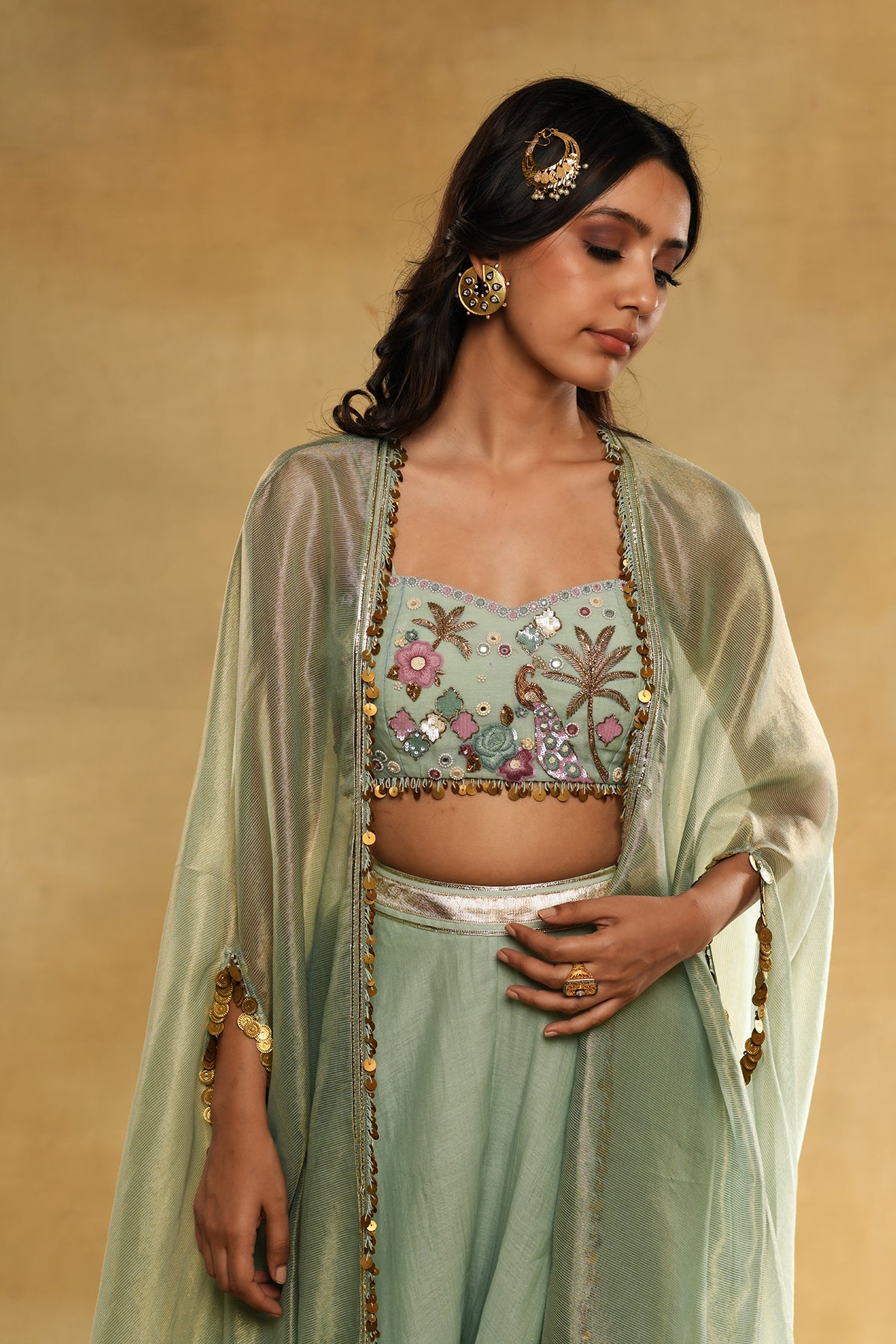 PALM TREE PEACOCK EMBROIDERED BUSTIER TEAL CAPE SET