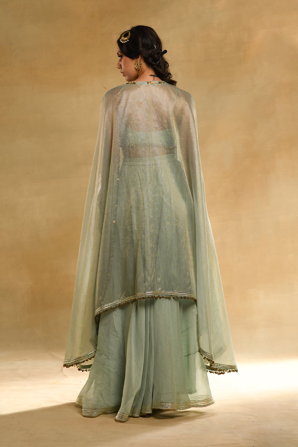 PALM TREE PEACOCK EMBROIDERED BUSTIER TEAL CAPE SET